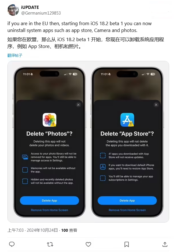 白朗苹果手机维修分享iOS 18.2 支持删除 App Store 应用商店 