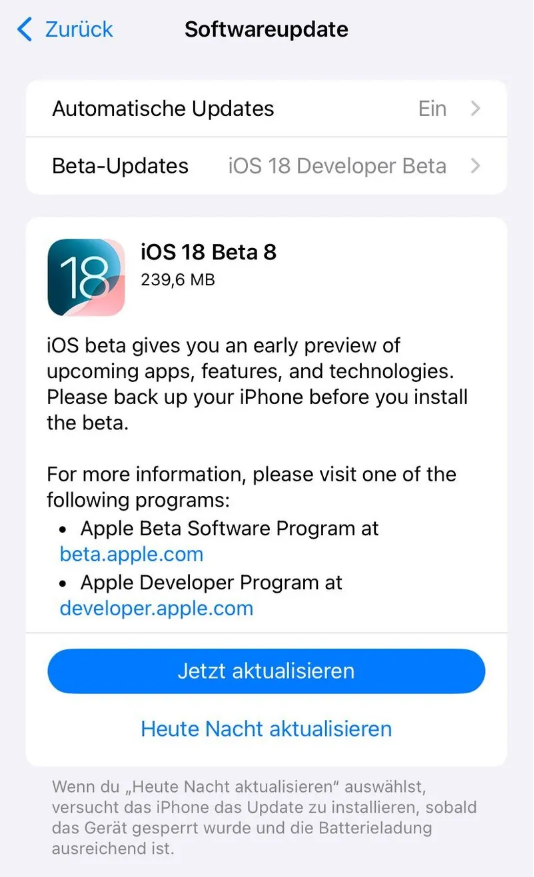 白朗苹果手机维修分享苹果 iOS / iPadOS 18 开发者预览版 Beta 8 发布 